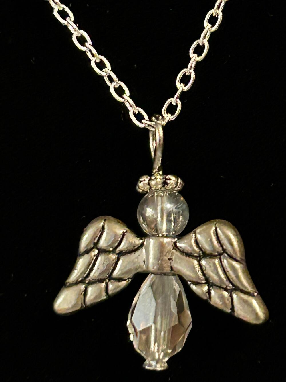 Silver Tone Beaded Angel Pendant Necklace 18" Chain